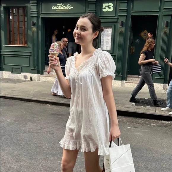 Doen Ainsley Cotton Ruffle Lace Babydoll Nightgown Mini Dress Salt White - Picture 4 of 12